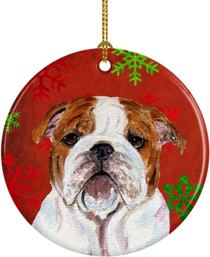 Miniatura 8 de Caroline's Treasures Bulldog English - Copos de nieve rojos y verdes, adorno de cerámica de Navidad, decoración colgante para el hogar, Navidad