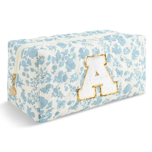 Miniatura 383 de Pequeña bolsa de maquillaje personalizada con inicial A-Z Preppy Patch, bolsa de cosméticos de viaje de felpilla blanca con cremallera, bonita bolsa