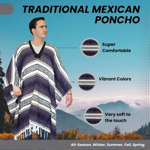 Miniatura 101 de Artisans Bazaar Poncho tradicional mexicano de Baja para hombres y mujeres, auténtico sarape de Gaban, manta de vaquero Pancho Jorongo