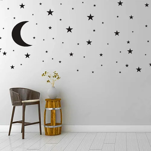 Calcomanía de vinilo con diseño de luna y estrellas, removible para niños, decoración de habitación de bebé, decoración de habitación de bebé, Negro