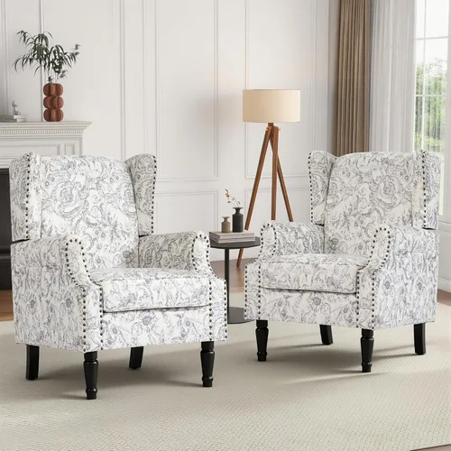 Miniatura 42 de Silla de Acento de Respaldo Alto, Sillón Tapizado en Tela para Sala de Estar, Sillón Wingback con Estampado Floral con Patas de Madera Maciza, Sofá