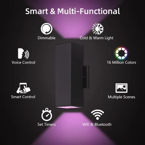 Miniatura 7 de KIZON Luces de pared inteligentes para exteriores RGBCW que cambian de color, moderno aplique de atardecer a amanecer, iluminación de arriba