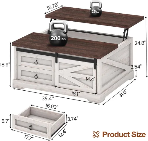 Miniatura 2 de Itaar Mesa de Centro con Tapa Elevable de 39.4 pulgadas con Almacenamiento, Mesas de Centro de Estilo Granja para Sala de Estar, Mesa de Centro