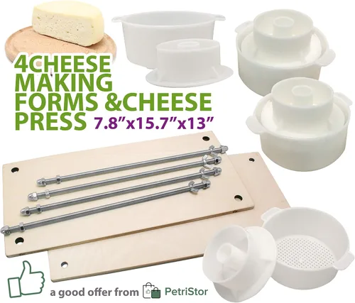 Miniatura 4 de PetriStor Prensa de queso de madera para hacer suministros - Guías de metal de 16 pulgadas, molde de 13 pulgadas con pistón seguidor, 1.3 cuartos