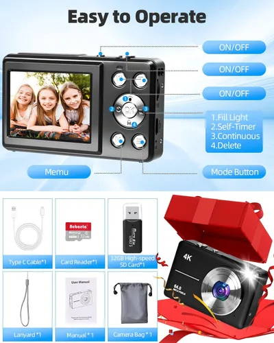 Miniatura 7 de Cámara digital 4K para fotografía, enfoque automático de 64 MP, tarjeta TF de 32 GB, pantalla LED de 2.8 pulgadas, zoom 18X, antivibración, cámaras