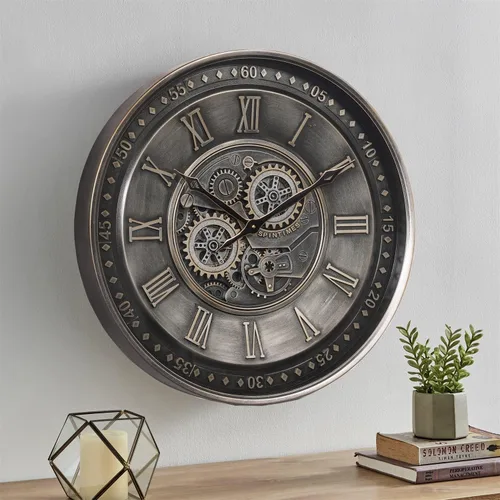 Miniatura 5 de CLXEAST Reloj de pared grande de 24 pulgadas con engranaje móvil para decoración de sala de estar, relojes de pared con números romanos de metal