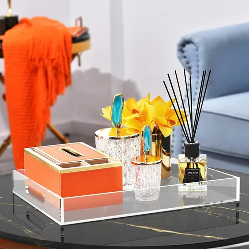 Miniatura 6 de Bandeja decorativa para mesa auxiliar para el hogar, 10 x 10 pulgadas, elegantes bandejas de acrílico con asas, funciona para comer, desayuno, Negro