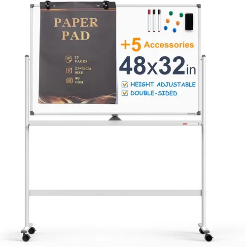 Miniatura 13 de TSJ-OFFICE - Pizarra blanca rodante de vidrio transparente sobre ruedas, pizarra móvil de borrado en seco de 48 x 32 pulgadas con soporte, pizarra