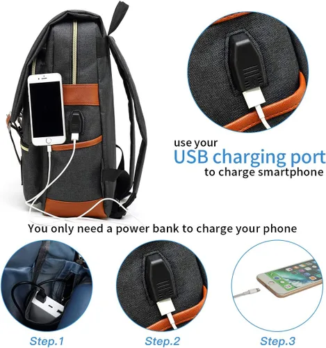 Miniatura 3 de Mancio - Mochila vintage para portátil con puerto de carga USB, mochila de negocios delgada resistente a roturas para viajes, universidad, mochilas