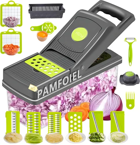 Picador de verduras 15 en 1 con recipiente y tapa, picador de alimentos multifunción, cortador de mandolina, cortador de verduras para cebolla,