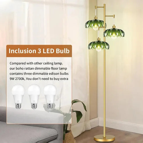 Miniatura 4 de Lámparas de pie doradas para sala de estar lámpara de pie vintage con forma de L de vidrio y tres bombillas led, lámpara de pie verde de latón