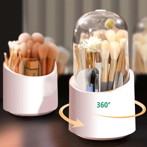 Miniatura 7 de Organizador de maquillaje grande con soporte para pinceles, organizador de cuidado de la piel impermeable y a prueba de polvo con tapa y cajones