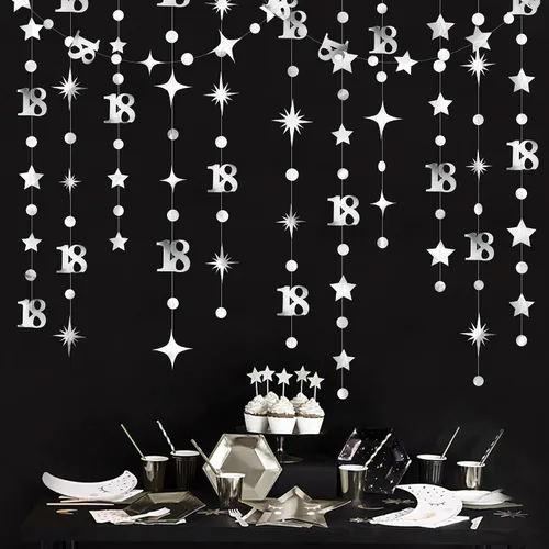 Miniatura 13 de Decoración de cumpleaños número 18 en negro, número 18 con punto circular, guirnalda de estrellas centelleantes, banderines de serpentina metálica