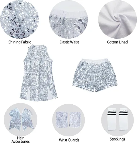 Miniatura 4 de Vestido de baile de lentejuelas para niñas, disfraz de baile de jazz, trajes de hip hop, sin mangas, vestido de baile brillante y pantalones cortos