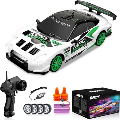 Coche a Control Remoto 2.4GHz 1:24 Escala 4WD Coche RC de Derrape 15KM/H Coches RC de Derrape de Alta Velocidad con Luces Geniales, Dos Baterías y