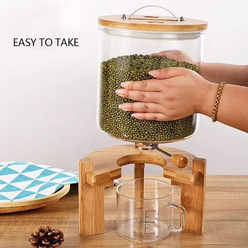 Miniatura 6 de Recipiente de harina y cereales, dispensador de arroz de 5 L, recipiente de almacenamiento de alimentos de vidrio con tapa hermética y soporte
