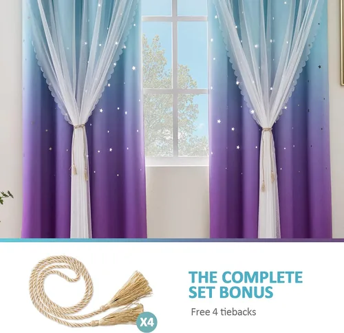 Miniatura 4 de Stiio Cortinas con Recortes de Estrella para Dormitorio de Niñas, 2 Paneles, Cortinas Opacas 2 en 1 que Bloquean la Luz con Cortinas de Ventana Azul