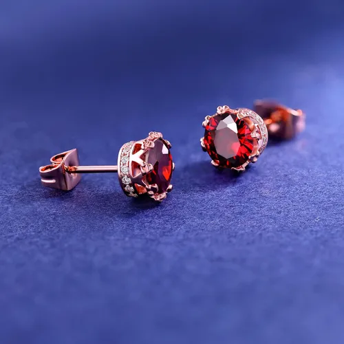 Miniatura 34 de MDFUN Aretes chapados en oro rosa para mujer, 0.236 in, corona brillante redonda, piedra natal, regalo de cumpleaños