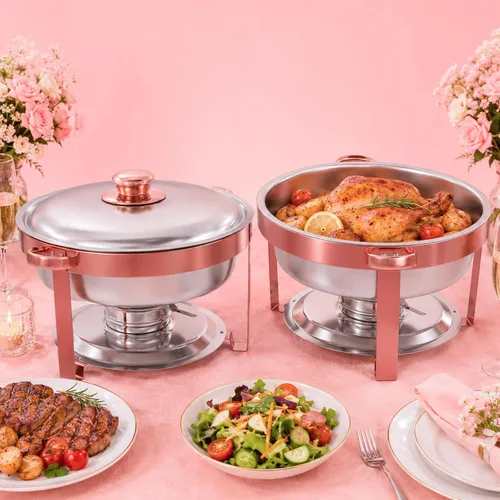 Miniatura 11 de IMACONE Juego de Bandejas Calentadoras de Buffet 4 Piezas, 5QT Redondas de Acero Inoxidable con Tapa de Vidrio para Catering, Conjuntos