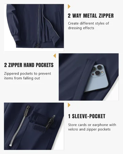 Miniatura 16 de Polu Chaquetas bomber para hombre con bolsillos, chaquetas cortavientos ligeras, cremallera de 2 vías, abrigo casual de negocios para otoño e