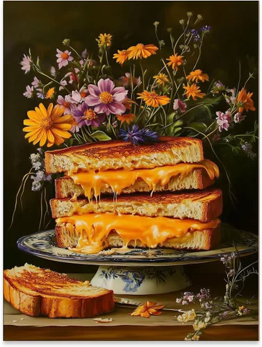 Impresiones divertidas de queso a la parrilla Arte de pared de cocina vintage Decoración de pared con comida Dark Whimsical Wildflowers Cottagecore