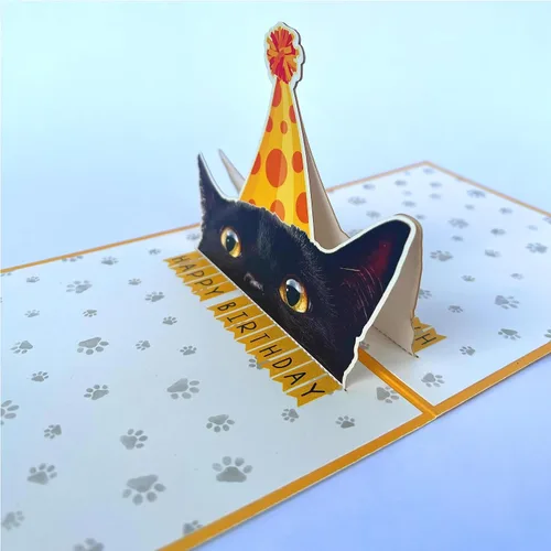 Miniatura 4 de Tarjeta de cumpleaños de gato negro, tarjeta desplegable 3D con sobre, tarjeta de felicitación de feliz cumpleaños para amantes de los gatos