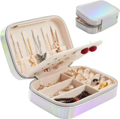 Shemboli Caja de joyería pequeña, organizador portátil de piel sintética de viaje portátil, doble capa, organizador de almacenamiento de joyas, para