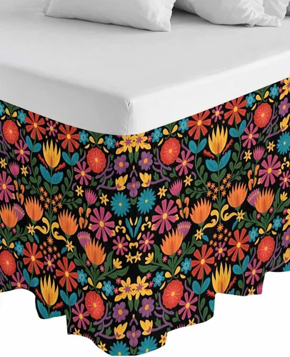 Miniatura 8 de Falda de cama floral colorida tamaño King de 18 pulgadas de caída, ajustable y elástica envolvente, plisada, con volantes de polvo de lujo para cama