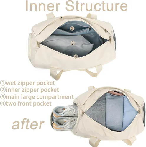 Miniatura 3 de Bolsa de viaje deportiva para gimnasio para hombres y mujeres con compartimento para zapatos, bolsillo húmedo, Beige puro, Moda