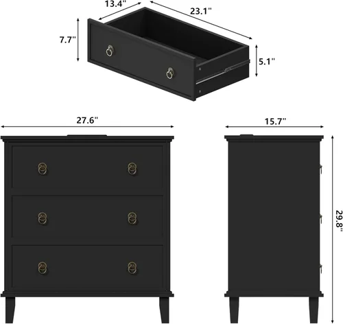 Miniatura 2 de COWMOU Mesita de noche negra de 3 cajones, mesita de noche grande con estación de carga, mesita de noche de madera de granja, juego de mesa de Negro