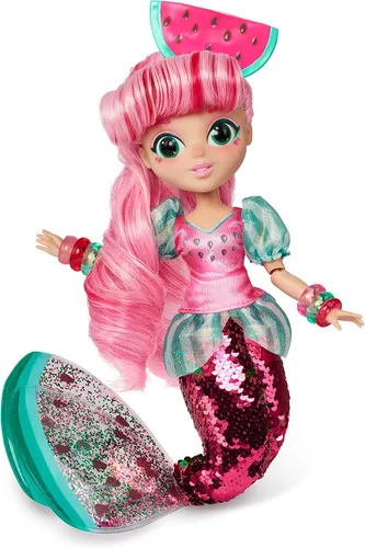 Sunny Days Entertainment Fidgie Friends Watermellow - Sirena con cola de lentejuelas abatibles | Muñeca de moda de 10.5 pulgadas con juguetes