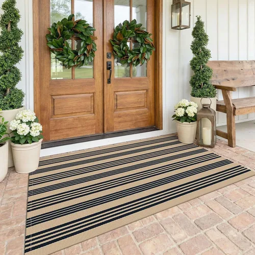 Miniatura 28 de KOZYFLY Alfombra a rayas blancas y negras de 2 x 3 pies, tejido de algodón, lavable, para interiores y exteriores, alfombra pequeña para puerta
