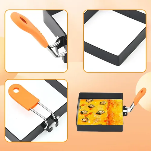 Miniatura 5 de 2 anillos de huevo antiadherentes de 4 pulgadas cuadrados para freír huevos con mango de silicona, molde cuadrado de acero inoxidable