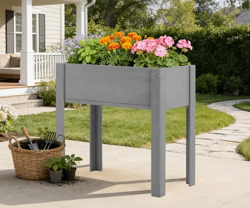 Miniatura 7 de Cama de jardín elevada con patas (31 x 16 x 31 pulgadas), maceta elevada de madera maciza para exteriores Gris