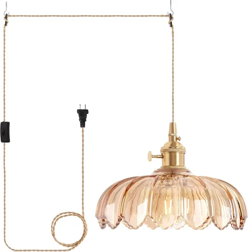 Miniatura 16 de Shenmoyl Lámpara colgante con pantalla de vidrio transparente a rayas, luz colgante vintage de latón, luz colgante ajustable para cocina, isla