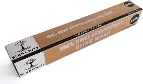 BlknWhite Envoltura adhesiva compostable certificada con cortador deslizante, 12 pulgadas de ancho x 200 pies. Envoltura adhesiva certificada ASTM