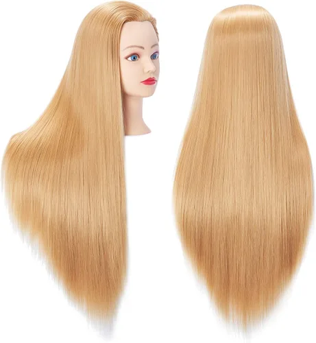 Miniatura 22 de Hairingrid Cabeza de maniquí de 26 a 28 pulgadas, para entrenamiento de peinado, cosmetología, cabeza de muñeca, pelo de fibra sintética y soporte