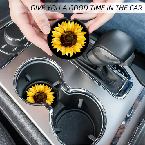 Miniatura 7 de Portavasos para automóvil, elegantes posavasos de cerámica con estampado de girasol, inserto antideslizante con agarre para la punta del dedo