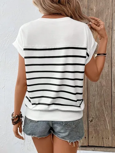 Miniatura 2 de Floerns Camiseta casual de manga casquillo con cuello redondo y estampado de rayas para mujer