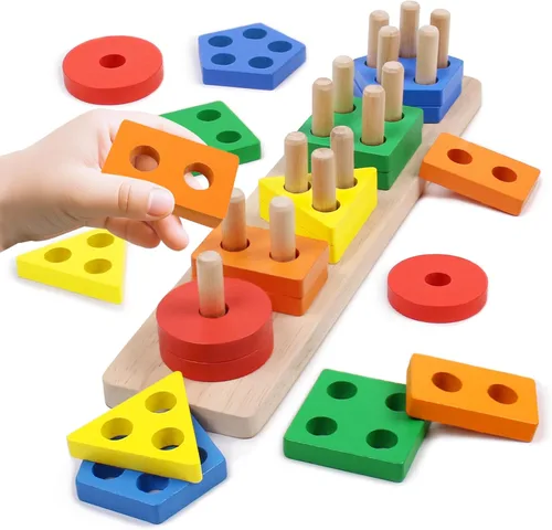 Juguetes Montessori para bebés de 1, 2, 3 años - Juguetes de apilar de madera para bebés, juguetes sensoriales educativos clasificadores de formas y