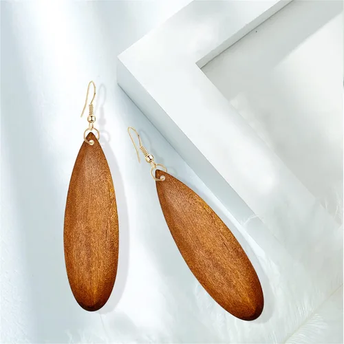 Miniatura 6 de Aretes colgantes bohemios retro de madera natural con forma de lágrima africana, ligeros, hechos a mano, largos, grandes, vintage, geométricos