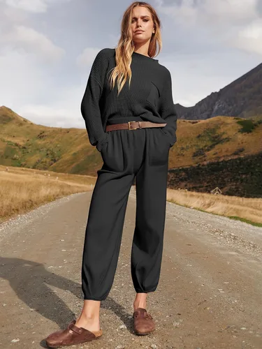 Miniatura 9 de Prinbara Conjunto de 2 piezas para mujer, suéter de punto para otoño, pantalones de gran tamaño, conjunto casual de descanso