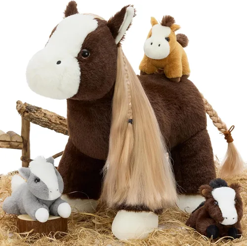 Miniatura 10 de Tezituor 4 piezas de animal de peluche de caballo con bebés, caballo de peluche grande de 18 pulgadas mamá con bebé de pony de peluche, lindo