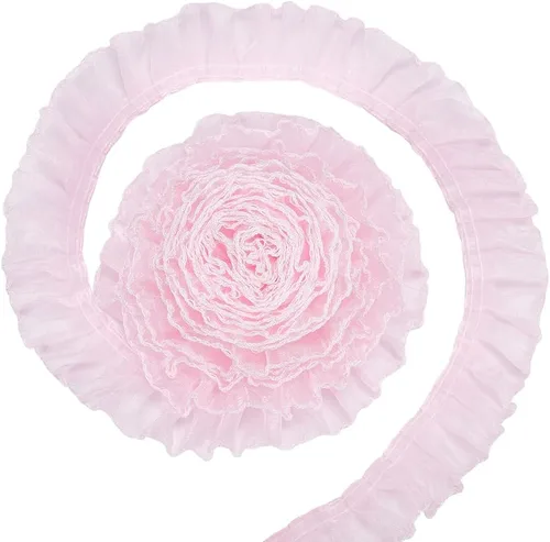 BENECREAT Cinta de encaje plisada de poliéster de 8 yardas, 1.57 pulgadas de ancho, color rosa con borde blanco, cinta de encaje con volantes para