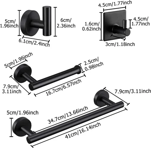Miniatura 2 de Juego de 5 piezas de accesorios de baño negro mate, juego de toalleros de acero inoxidable 304 redondo montado en la pared, incluye barra de toalla