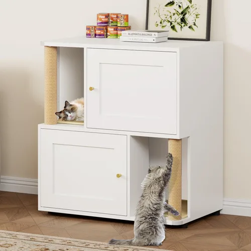 Miniatura 2 de Caja de arena para gatos para 2 gatos, armario de metal oculto doble con poste rascador para gatos, muebles grandes para baño de mascotas, mesa