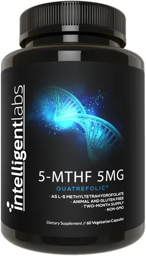 Intelligent Labs 5MG MTHF L-5-metiltetrahidrofolato suplemento de ácido fólico activado como ácido cuatrefólico - metilfolato para mujeres y