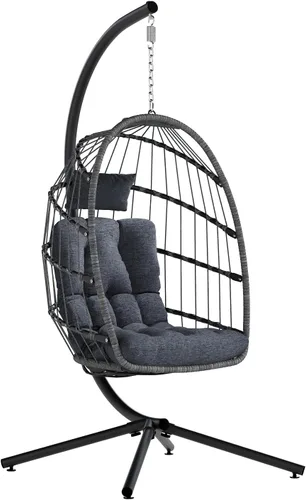 Miniatura 10 de SWITTE Silla de Huevo para Exteriores con Soporte, Silla Columpio Colgante de Mimbre para Interiores con Cojín, Capacidad de 350 libras para Patio