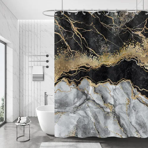Miniatura 4 de Cortina de ducha de mármol negro, moderno, abstracto, mezclado, negro, gris, dorado, textura de mármol, líneas agrietadas, cortina de baño, bañera