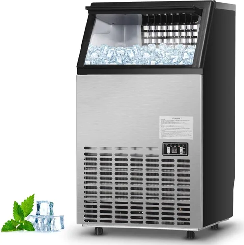 Costzon Máquina comercial para hacer hielo, máquina de hielo de acero inoxidable integrada de 110 libras/24 horas con capacidad de almacenamiento de